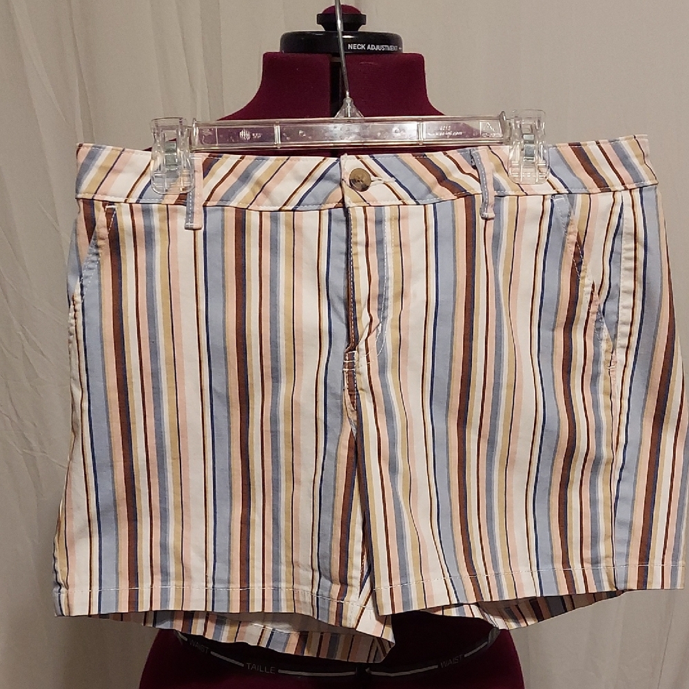 A.N.A. mid-rise shorts. Blue/peach/brown stripe. 5" inseam. Size 12